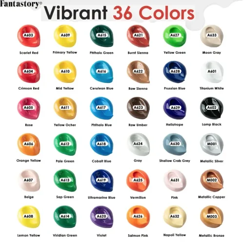 Fantastory Acrylic Paint Set: 36 Colors (2oz Each) with 12 Brushes for Canvas, Wood & Fabric